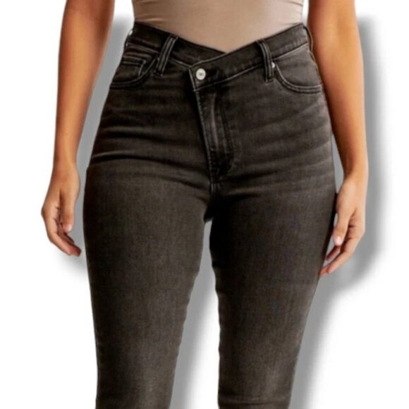 A&F Criss Cross Waist The Super Skinny Ankle High Rise Cropped Jeans Black 27 - Picture 1 of 9